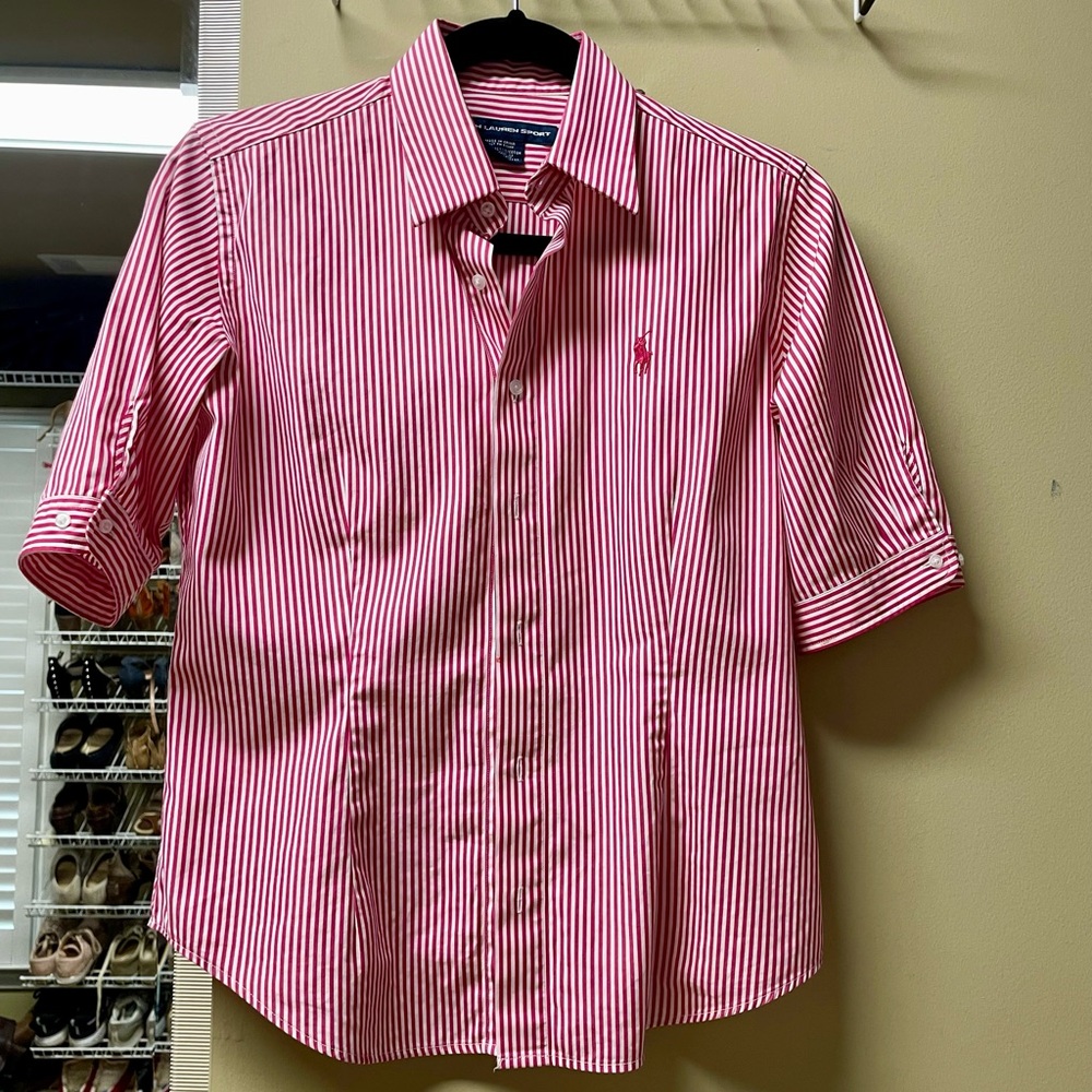 Ralph Lauren Sport size 8 (fitted shirt - like a 6).  16 1/2 wide x 24 long